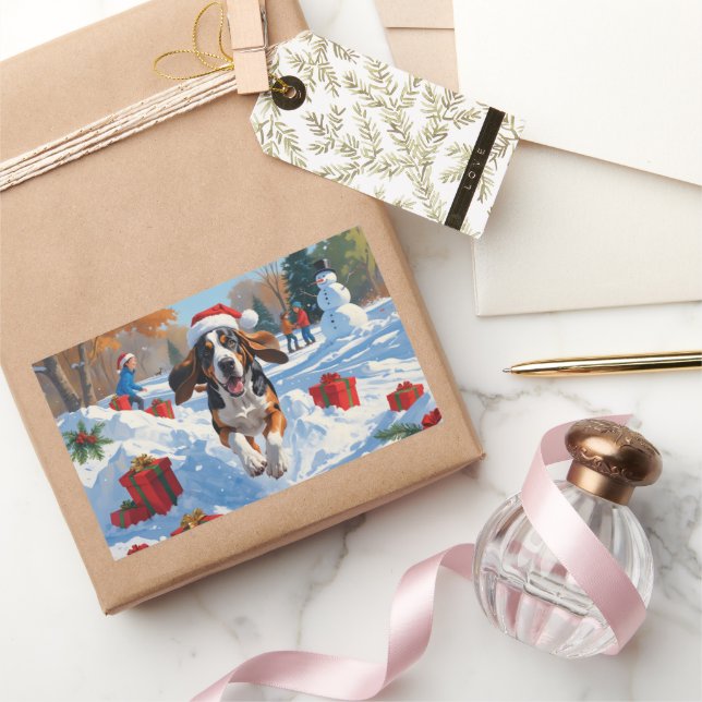 Adesivo Retangular Bluetick Coonhound correndo na neve com o Natal (Presentear)