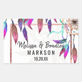Adesivo Retangular Boho Watercolor Dreamcatcher Rosa Casamento Dourad