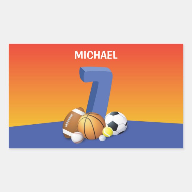 Adesivo Retangular Bolas de Esportes de Aniversário 7 (Frente)