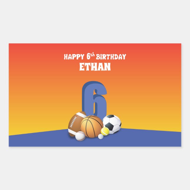 Adesivo Retangular Bolas de Esportes de Aniversário do 6 de Menino de (Frente)