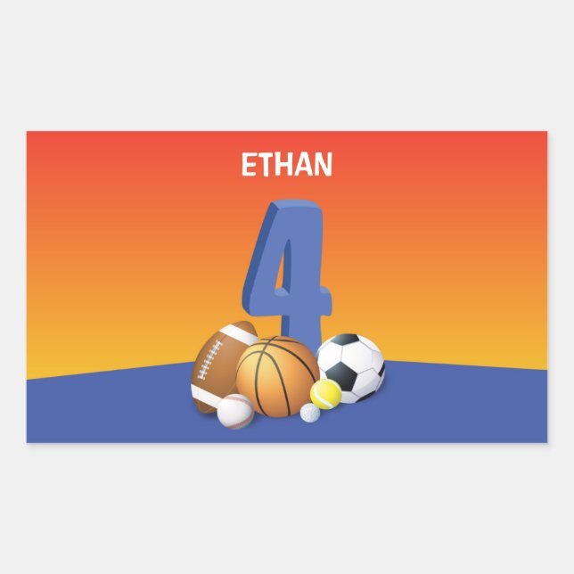 Adesivo Retangular Bolas de Esportes de Quarto Aniversário (Frente)
