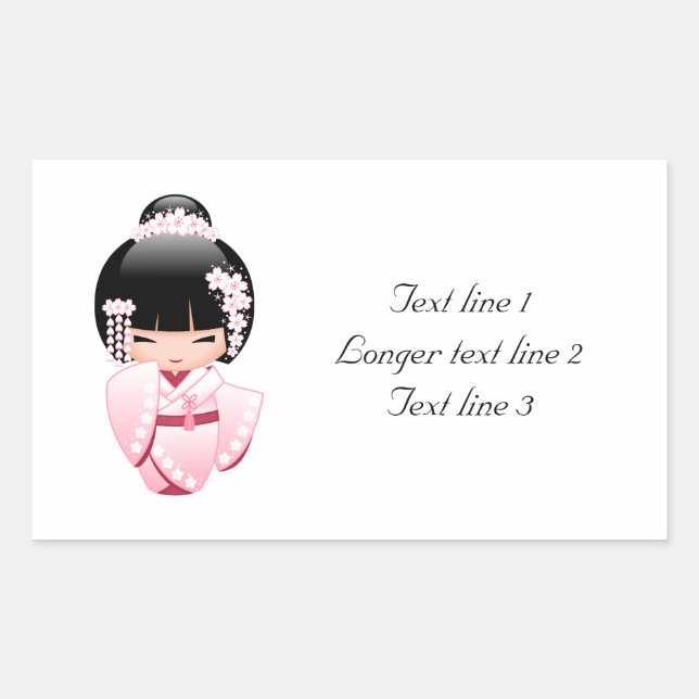 Adesivo Retangular Boneca Kokeshi Quimono Rosa Texto Personalizado Ka (Frente)
