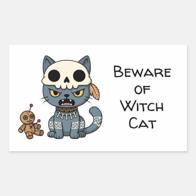 Adesivo Retangular Boneca Voodoo de Gato Bruxa com Texto Personalizad (Frente)