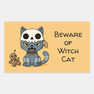 Adesivo Retangular Boneca Voodoo de Gato Bruxa com Texto Personalizad