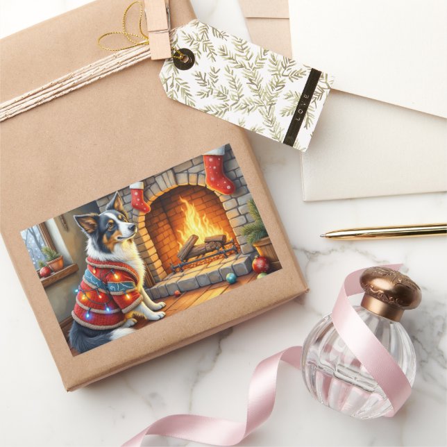 Adesivo Retangular Border Collie Fireplace with Christmas Lights (Presentear)