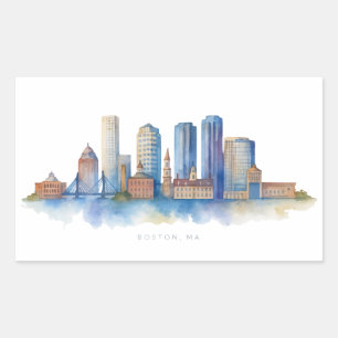 Adesivo Retangular Boston City Skyline Watercolor   Mães de Boston Mo