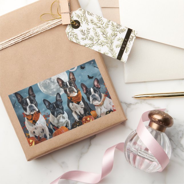 Adesivo Retangular boston terrier Halloween Assustador (Presentear)