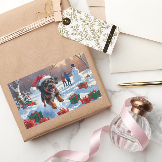 Adesivo Retangular Bouviers des Flandres Natal Cena de Neve Festiva (Presentear)