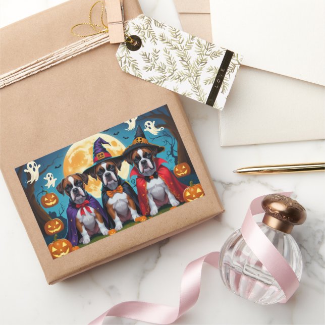 Adesivo Retangular Boxer Dogs Pumpkin Halloween Engraçado (Presentear)