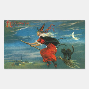 Adesivo Retangular Bruxa do Dia das Bruxas do vôo com gato