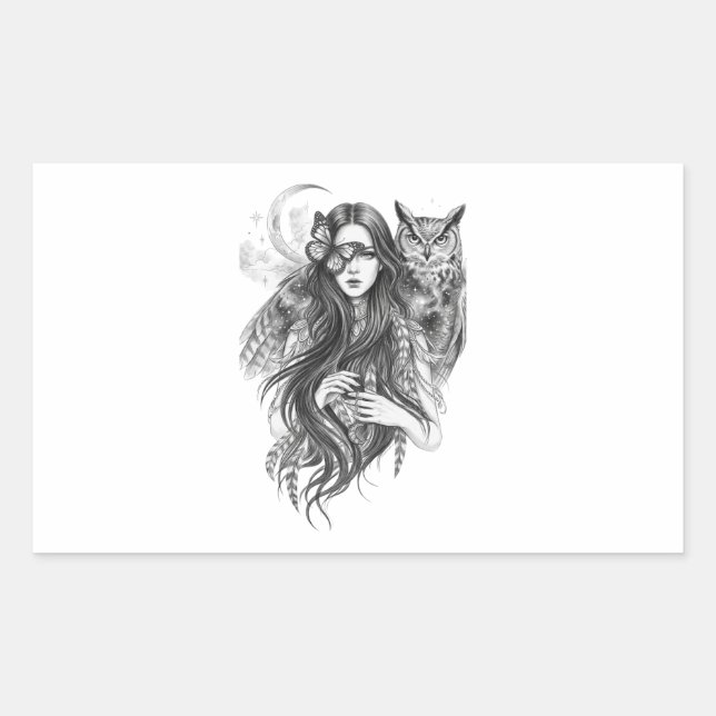 Adesivo Retangular Bruxa Mística Wiccan & Coruja Folclore Sombrio Ade (Frente)