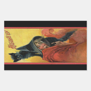 Adesivo Retangular Bruxa Vermelha Halloween e Vintage Gato Negro