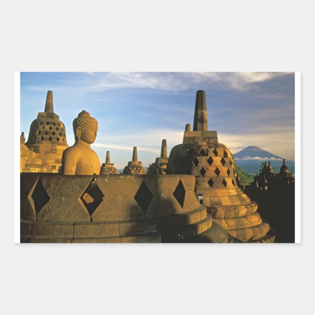 Adesivo Retangular Buddha Statue e Stupas, Templo Borobudur (Frente)