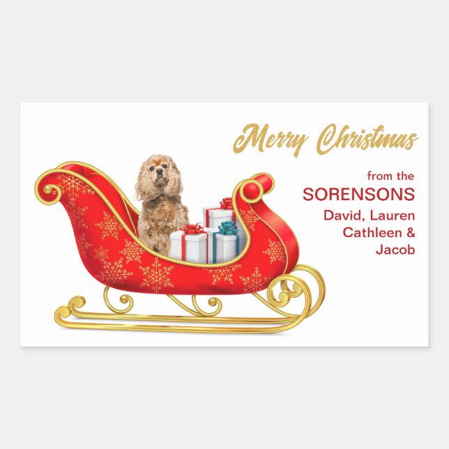 Adesivo Retangular Buff Cocker Spaniel Dog Christmas Sleigh (Frente)