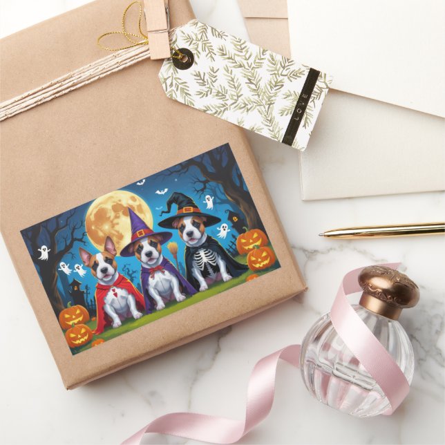 Adesivo Retangular Bull Terrier Cachorros Pumpkin Halloween Engraçado (Presentear)