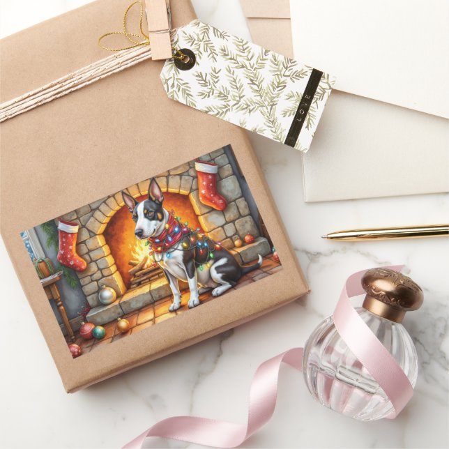 Adesivo Retangular Bull Terrier Fireplace with Christmas Lights (Presentear)