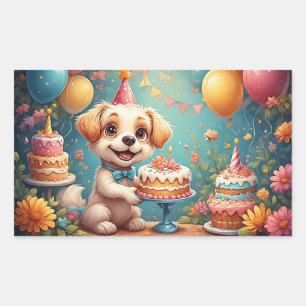 Adesivo Retangular Cachorro Alegre Celebrando um Aniversário Festivo 