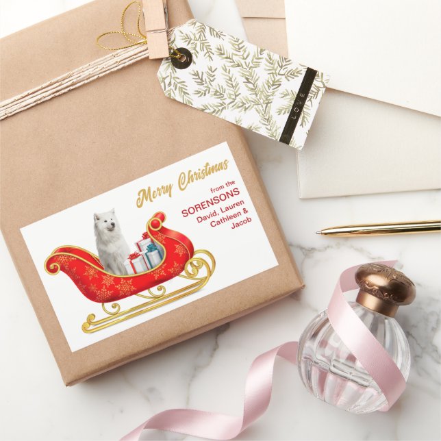 Adesivo Retangular Cachorro Branco Samoado, Sleigh (Presentear)