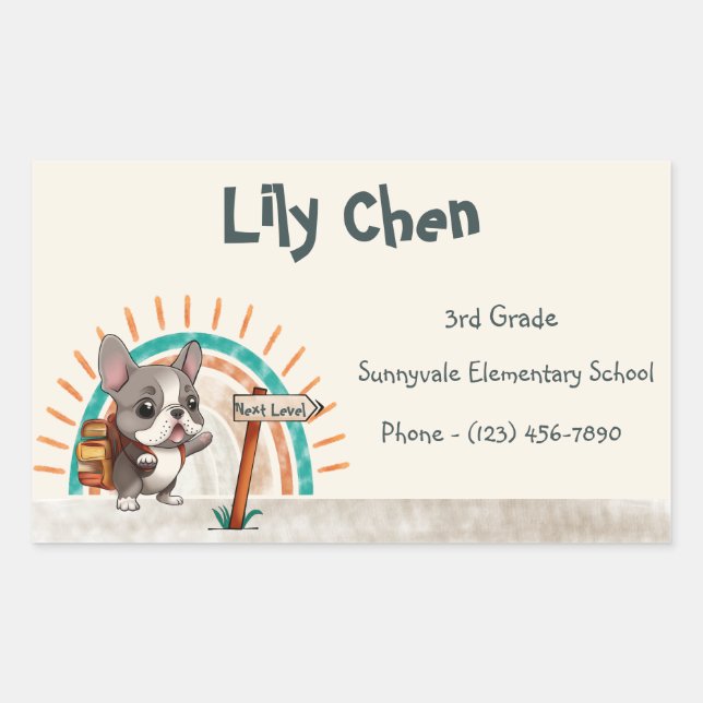 Adesivo Retangular Cachorro francês bonito de volta ao arco-íris esco (Frente)