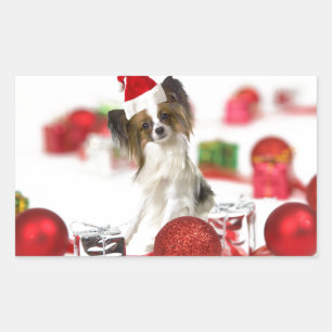 Adesivo Retangular Cachorro Papillon Fofo Chapéu de Natal do Papai No