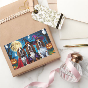 Adesivo Retangular Cachorros de Basset Pumpkin Halloween Engraçado