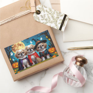 Adesivo Retangular Cachorros Pekingeses Pumpkin Halloween Engraçado