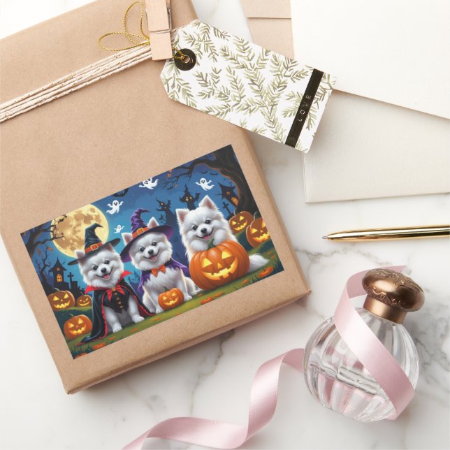 Adesivo Retangular Cães esquimó americanos abraçando o Halloween (Presentear)