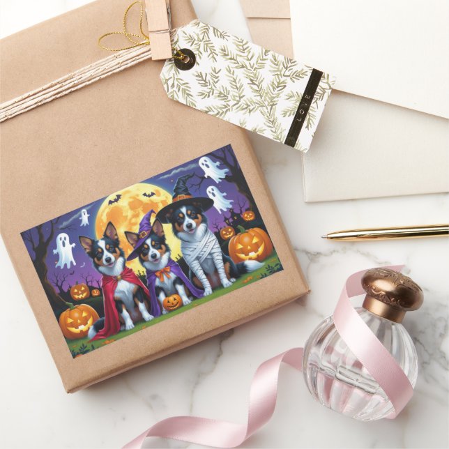 Adesivo Retangular Cães Kelpies Australianos Pumpkin Halloween Engraç (Presentear)