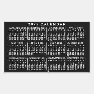 Adesivo Retangular Calendário Mensal Anual 2025 Preto e Branco Clássi