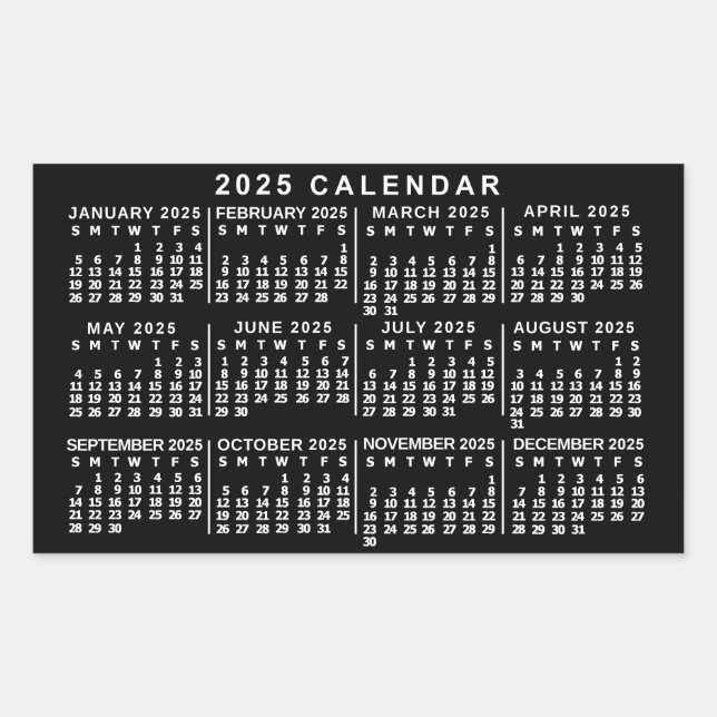 Adesivo Retangular Calendário Mensal Anual 2025 Preto e Branco Clássi (Frente)