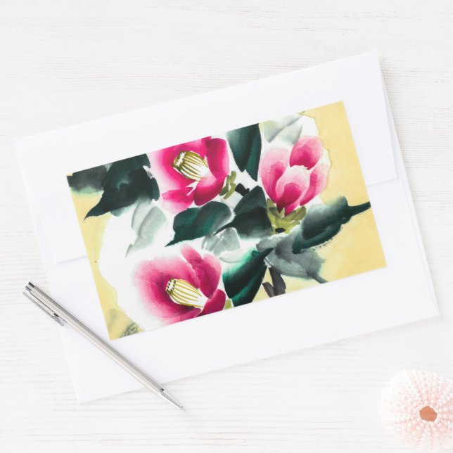 Adesivo Retangular Camellia em neve pintada em sumie (Envelope)