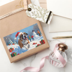 Adesivo Retangular Cane Corso Correndo na Neve com Chapéu de Natal
