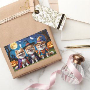 Adesivo Retangular Caninos Pomeranianos Pumpkin Halloween Engraçado