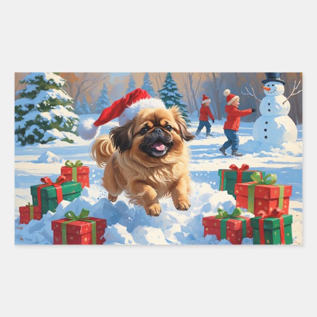 Adesivo Retangular Cão Pequinês Correndo na Neve com Chapéu de Natal (Frente)