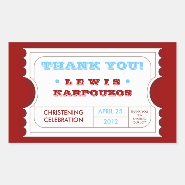 Adesivo Retangular Carnaval Azul Branco Vermelho Obrigado Ticket Stic (Frente)