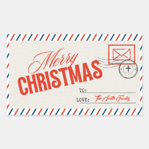 Adesivo Retangular Cartão Postal de Natal Vermelho Bege Vintage Perso