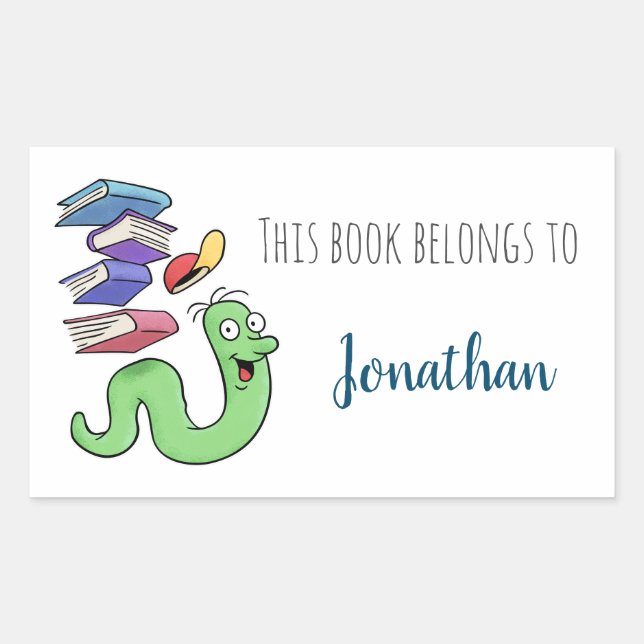 Adesivo Retangular Cartoon Bookworm com Nome Personalizado (Frente)