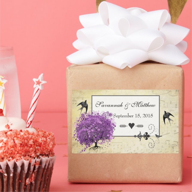 Adesivo Retangular Casamento com folhas de folhas de coração roxo rad (Festa)