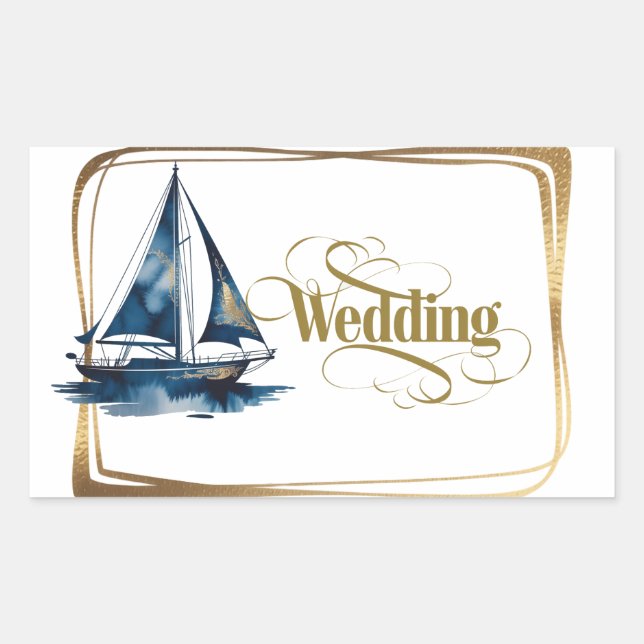 Adesivo Retangular Casamento de Barco Náutico Azul Marinho e Dourado  (Frente)
