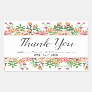 Adesivo Retangular Casamento De Peach Floral Obrigado