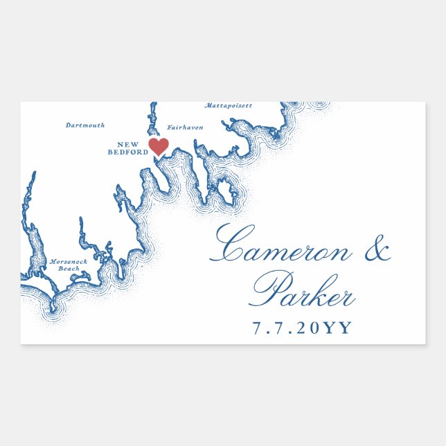 Adesivo Retangular Casamento em New Bedford MA Elegante Mapa Azul Mar (Frente)