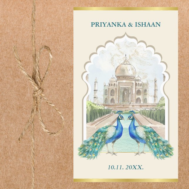 Adesivo Retangular Casamento Estético Dourado Taj Mahal, Peacock Indi (Taj Mahal Peacock Gold Indian Wedding Custom Sticker Hindu Punjabi Mughal Palace)