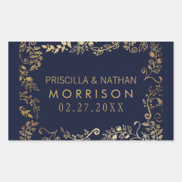 Adesivo Retangular Casamento Floral Dourado Azul-Marinho Elegante