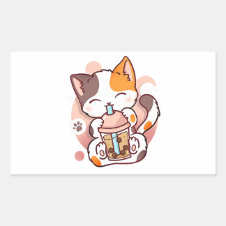 Adesivo Retangular Cat Boba Tea Bubble Tea Anime Kawaii Neko para Gar