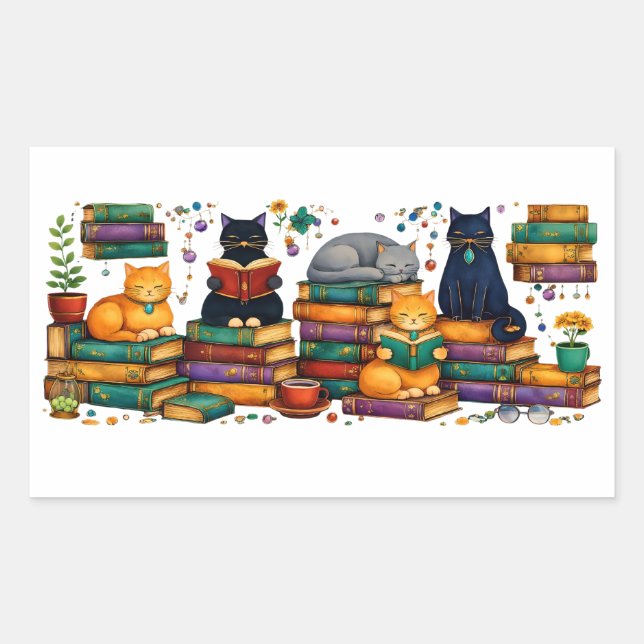 Adesivo Retangular Cats Reading Books Cozy Library Scene (Frente)