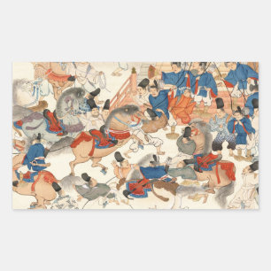 Adesivo Retangular cavaleiros de cavalo ukiyo-e vintage do japão lega