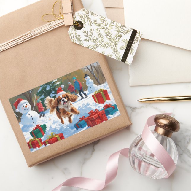 Adesivo Retangular Cavalier King Charles Spaniel na Neve com Natal  (Presentear)