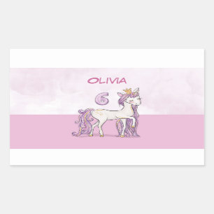 Adesivo Retangular Cavalo Rosa De Aniversário Com 6 De Nome Personal