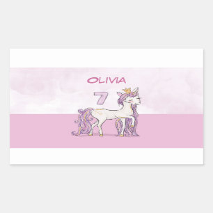 Adesivo Retangular Cavalo Rosa De Aniversário Com 7 De Nome Personal