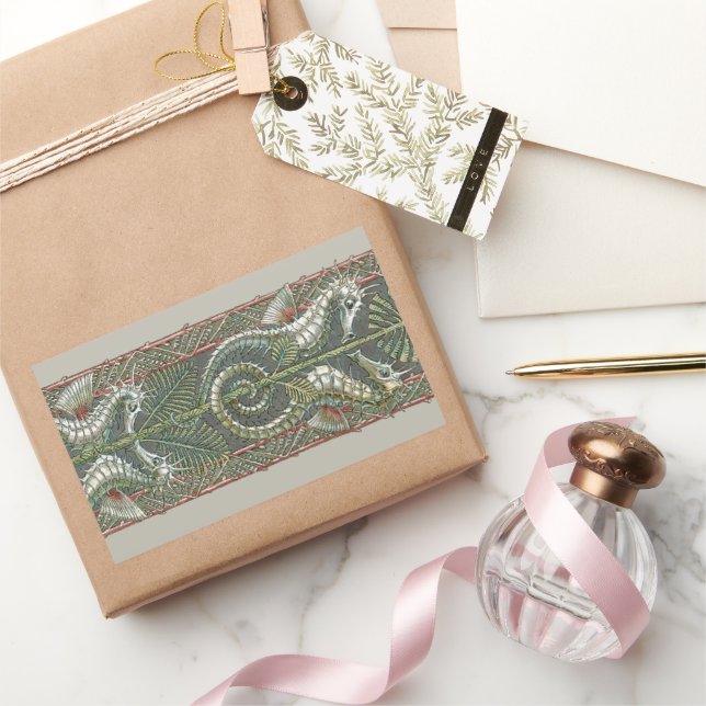 Adesivo Retangular Cavalos-marinhos e Algas Marinhas, Arte Nova Vinta (Presentear)